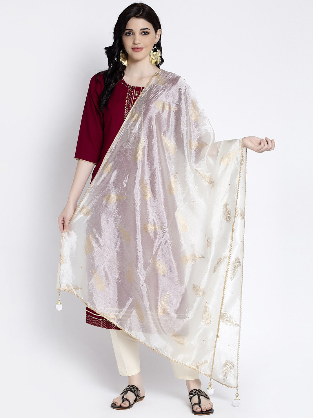 Clora Creation Cream-Colored Printed Silk Dupatta
