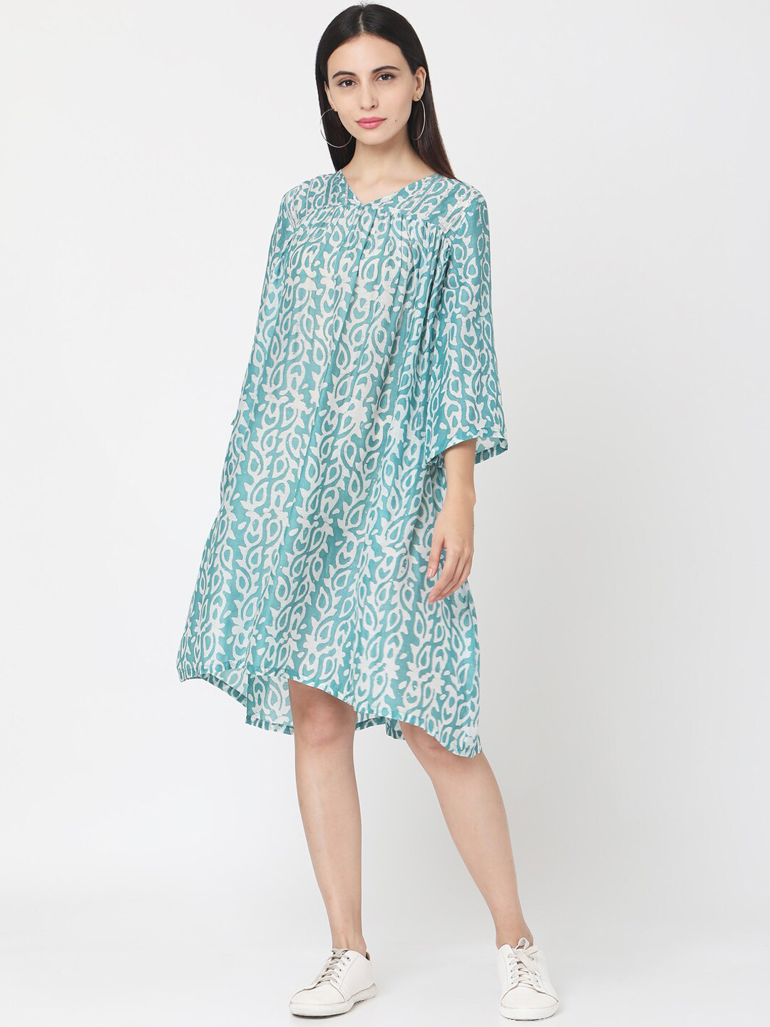 Saanjh Women Green Printed A-Line Dress