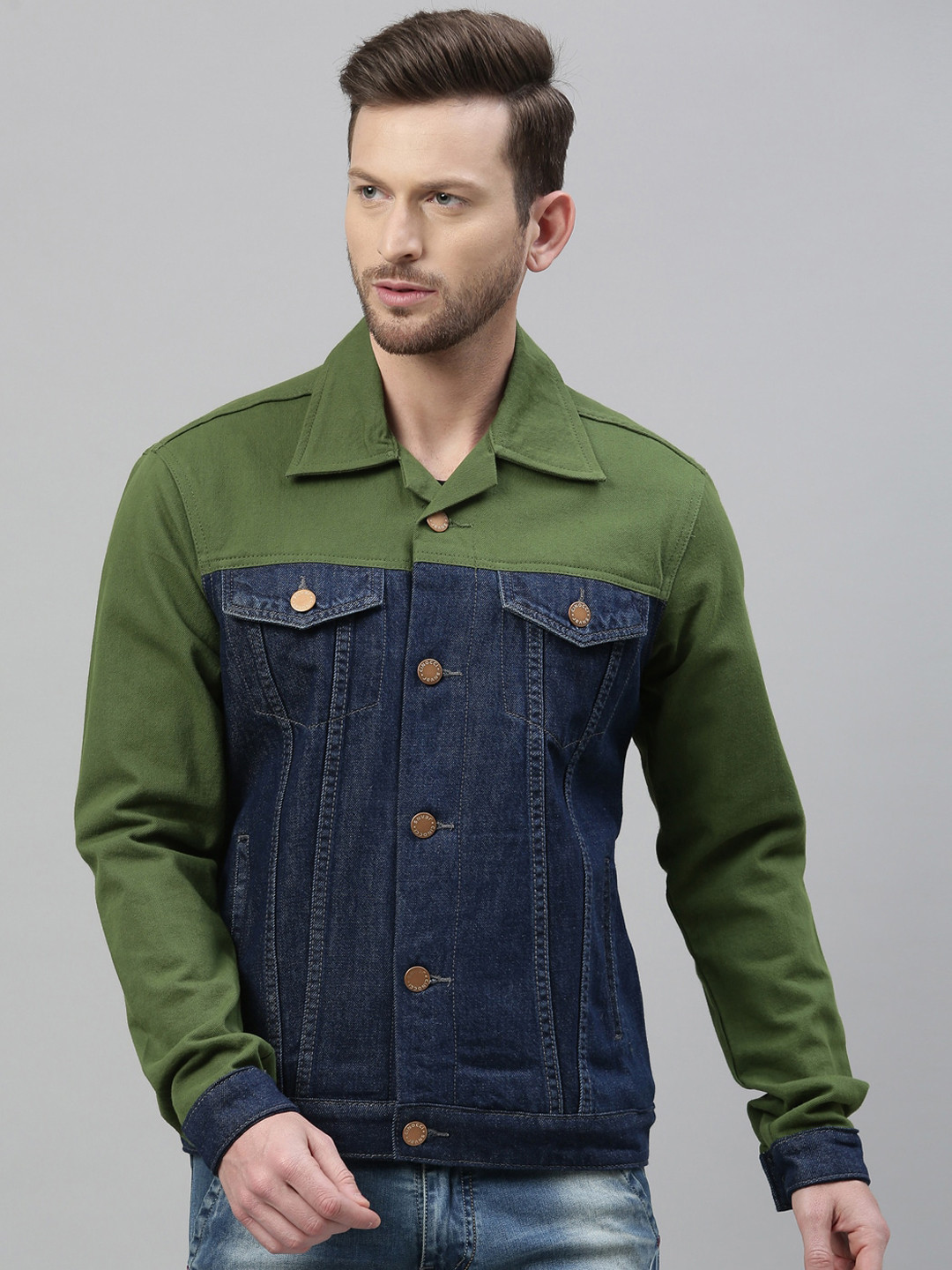 CINOCCI Men Blue & Green Colourblocked Denim Jacket