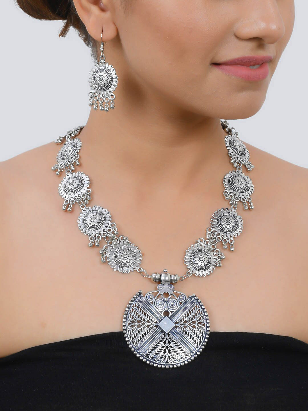 Silvermerc Designs Silver-Plated Temple Brass Design Jewellery Set