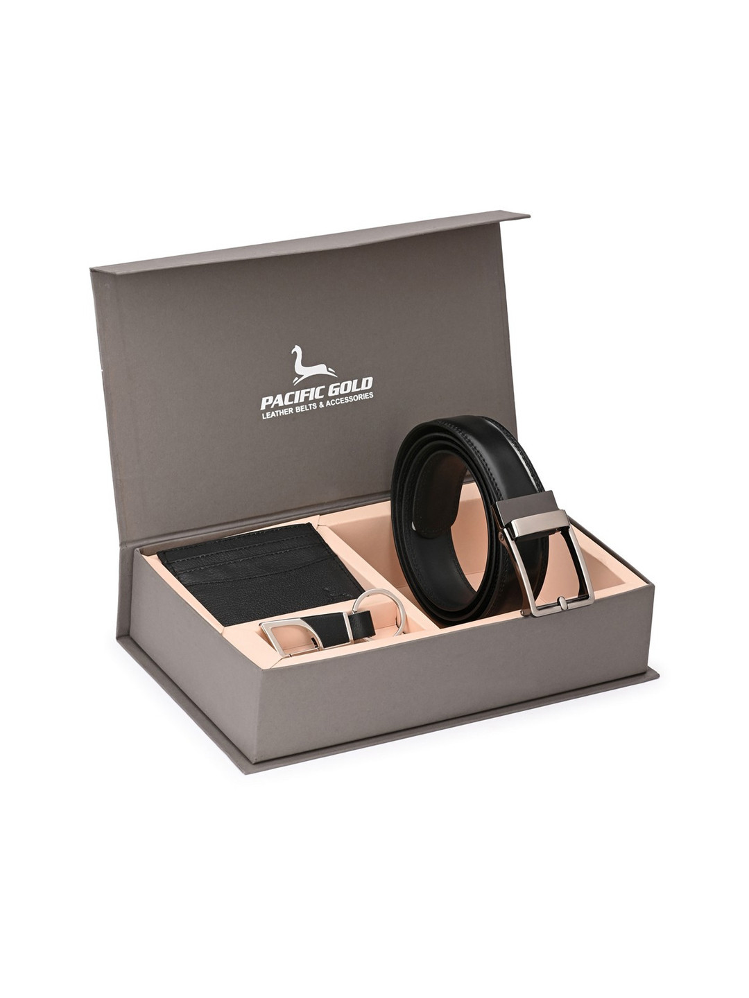 Pacific Gold Men Black & Silver-Toned Genuine Leather Accessory Gift Set