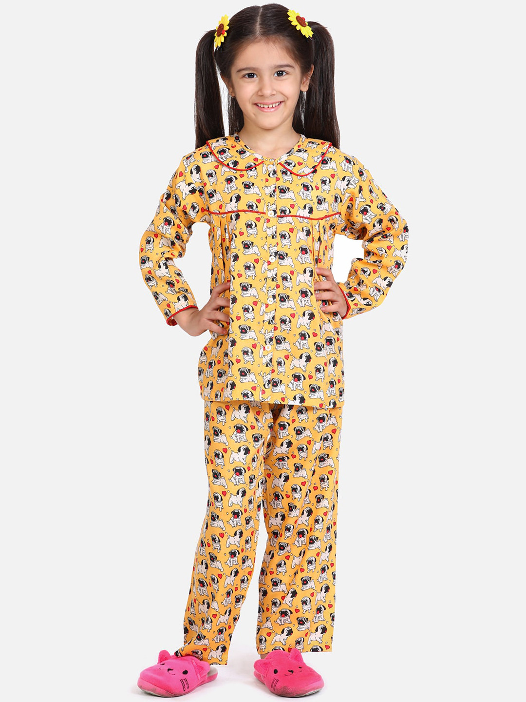 BownBee Girls Orange & White Printed Night Suit