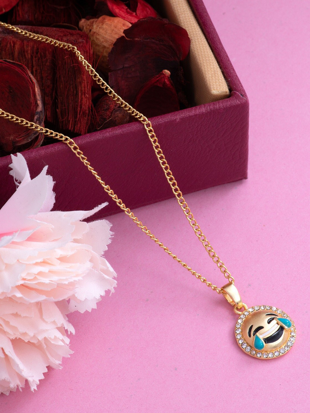 Estele Gold-Plated Handcrafted  Chain with Stone-Studded Joy Emoji-Shaped Pendant