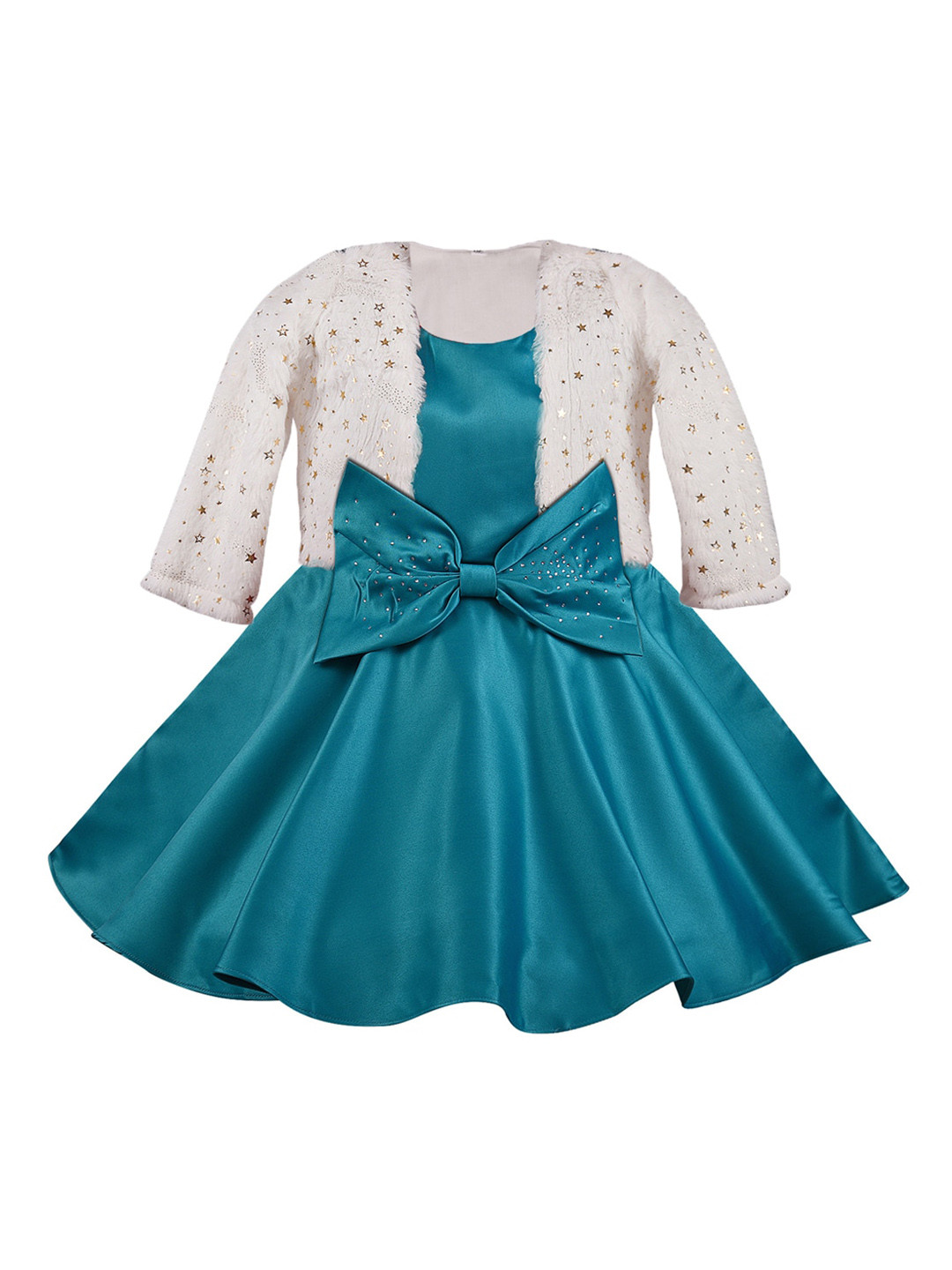 Wish Karo Girls Teal Blue Solid Fit and Flare Dress & Jacket