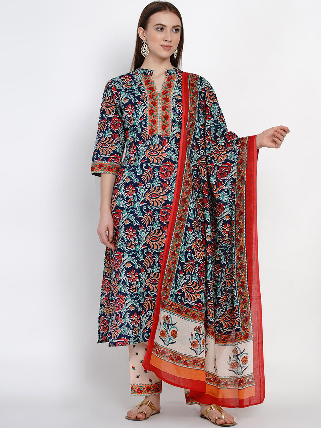 Yuris Blue & Red Printed Kurta With Palazzo & Dupatta