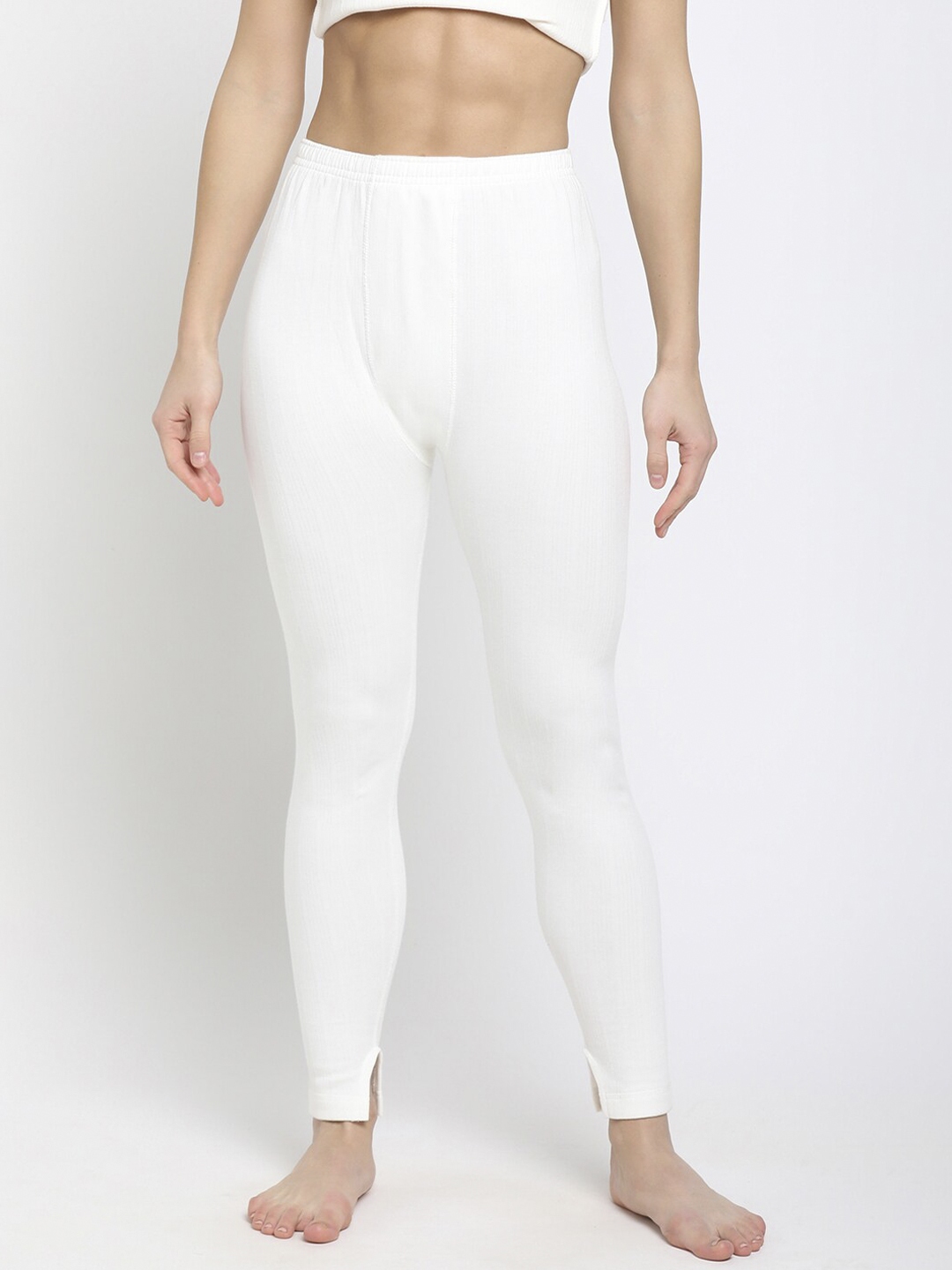 Buy BODYCARE Women Off White Solid Cotton Blend Thermal Leggings