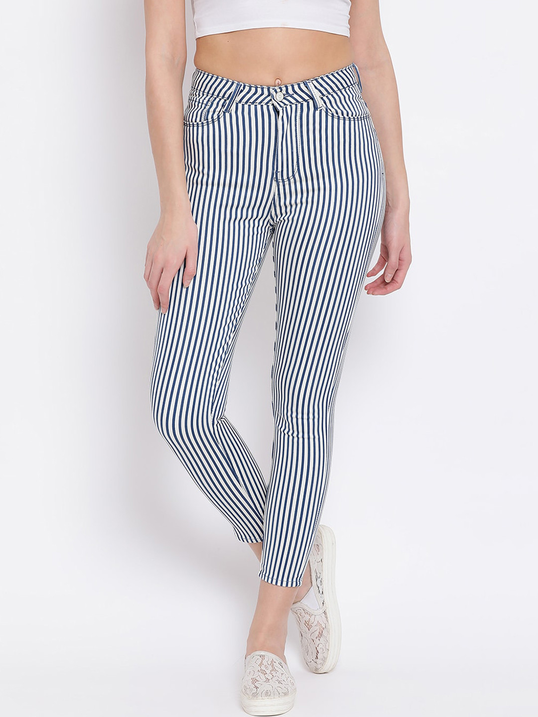 Code 61 Women Blue & White Striped Skinny Fit High-Rise Clean Look Jeans