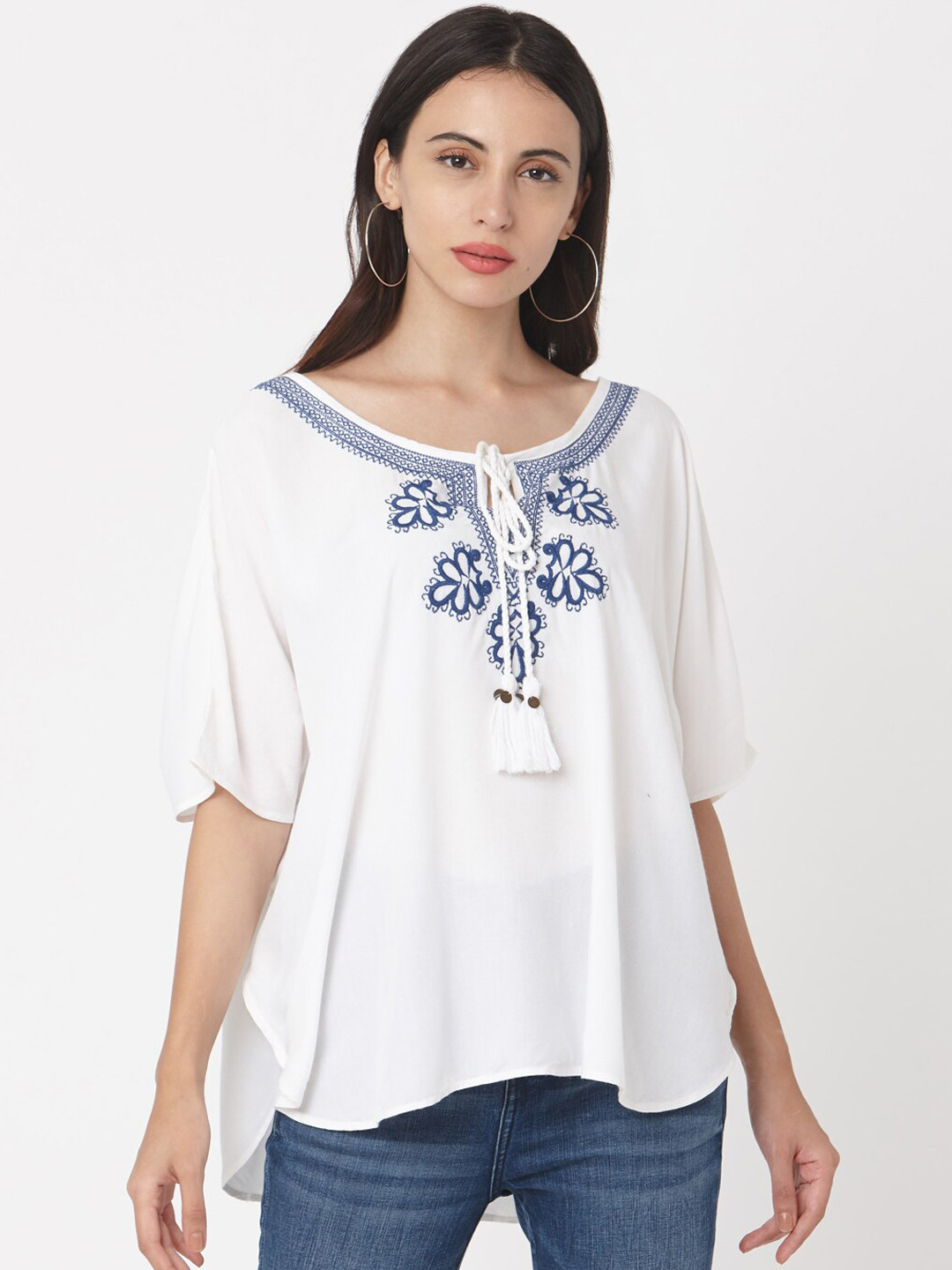 Saanjh Women White & Blue Embroidered A-Line Top