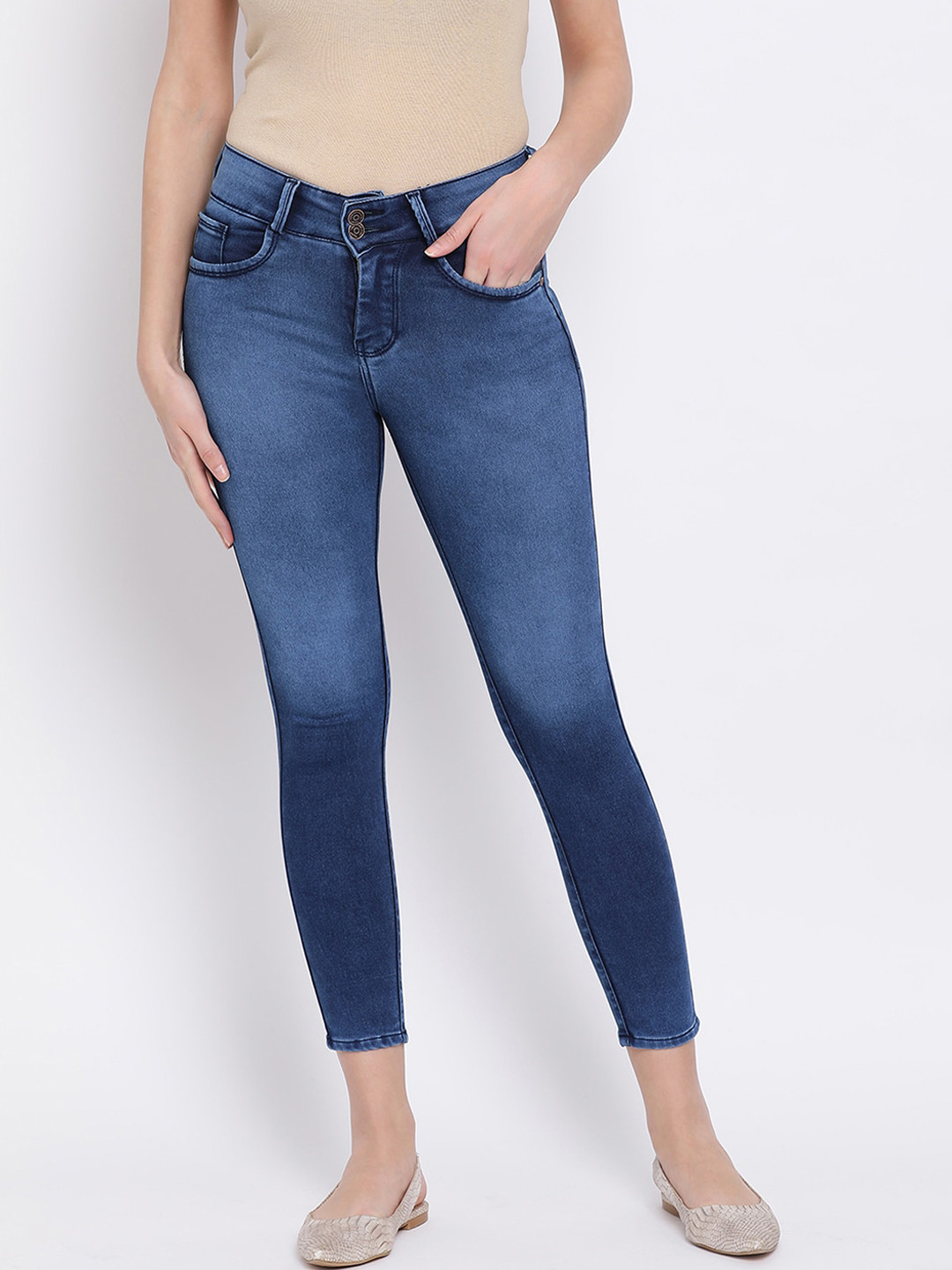 Code 61 Women Blue Skinny Fit Mid-Rise Clean Look Stretchable Cropped Jeans