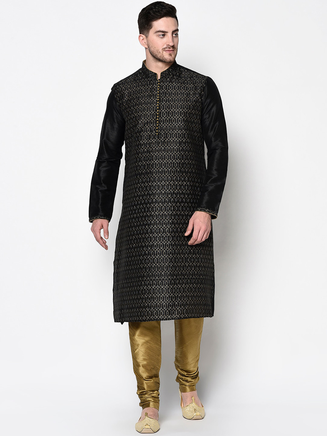 DEYANN Men Black & Olive Brown Woven Design Kurta with Churidar