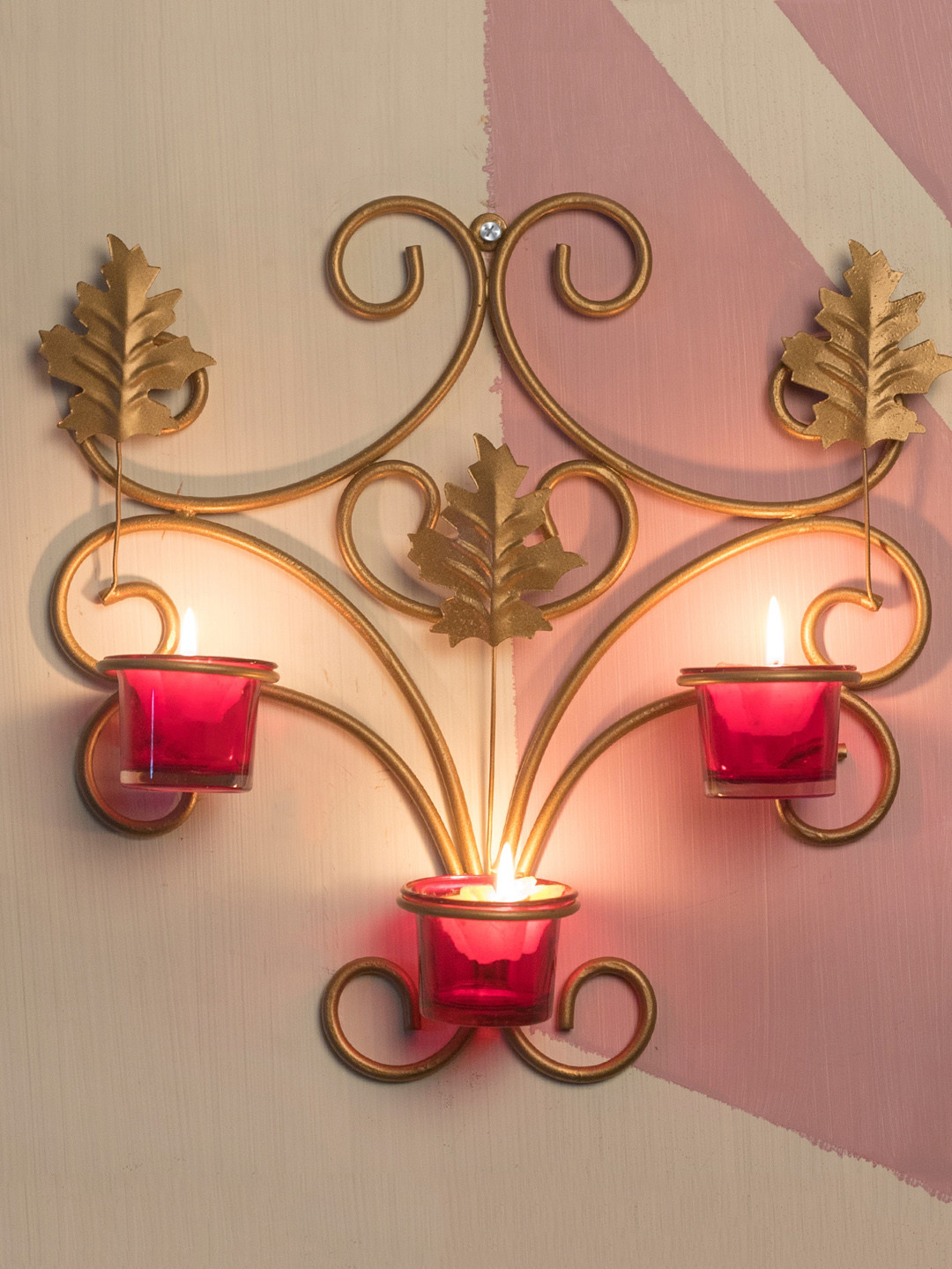 Home Sparkle Gold -Toned & Red Wall Hanging iron Wall Sconce Votive Candle Holder With 3 Glass Cups