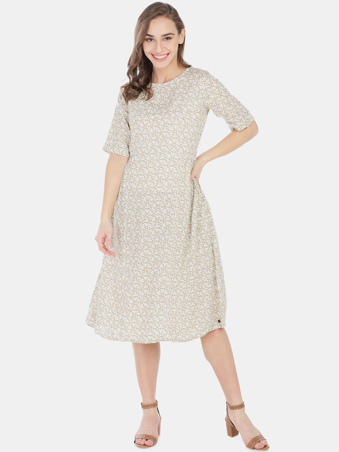 U.S. Polo Assn. Women Beige Printed A-Line Dress