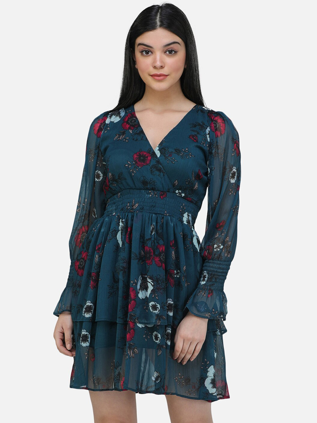 SCORPIUS Women Teal Floral Mini Fit and Flare Dress