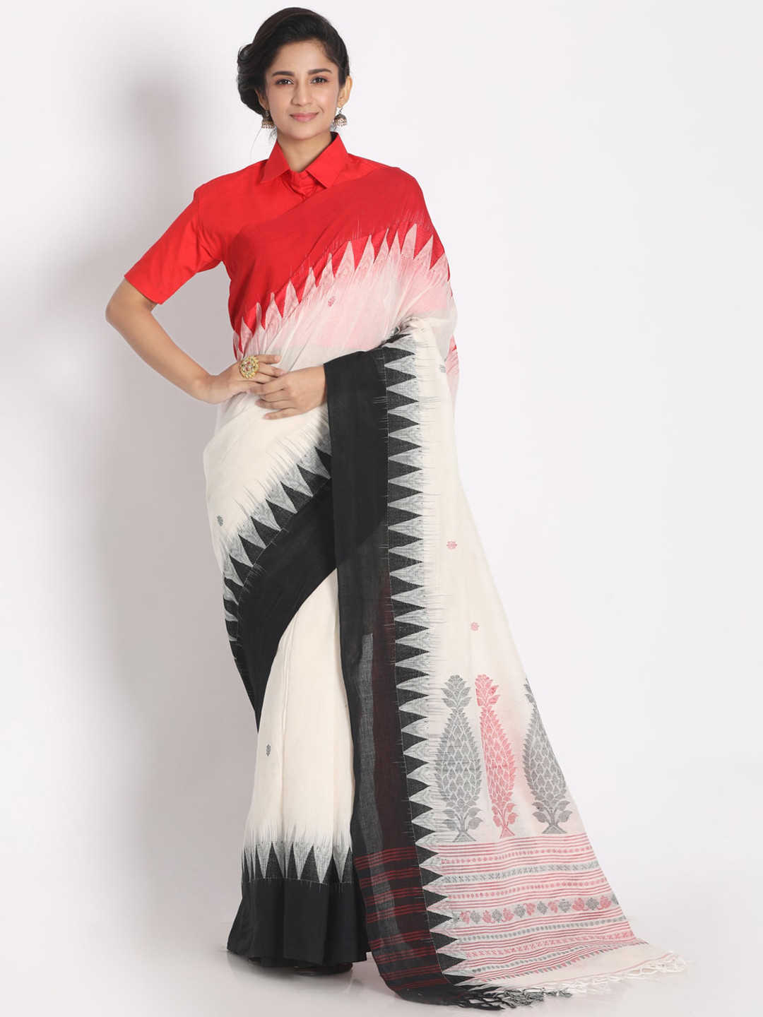 Aryavart White & Red Pure Cotton Solid Jamdani Saree
