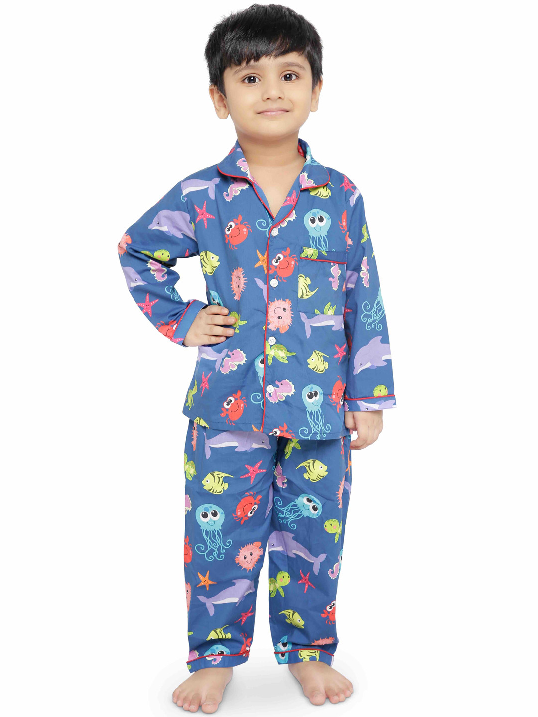 Knitting Doodles Kids Blue & Red Printed Night Suit