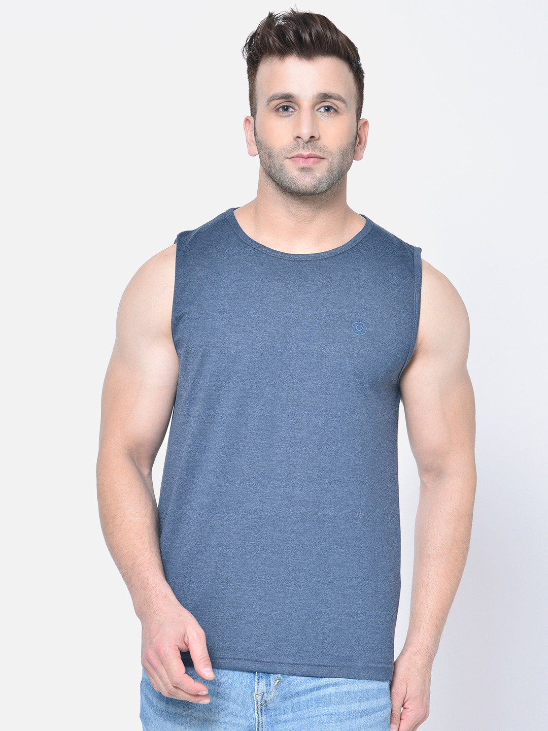 CHKOKKO Men Blue Gym Solid Round Neck Sleeveless T-shirt