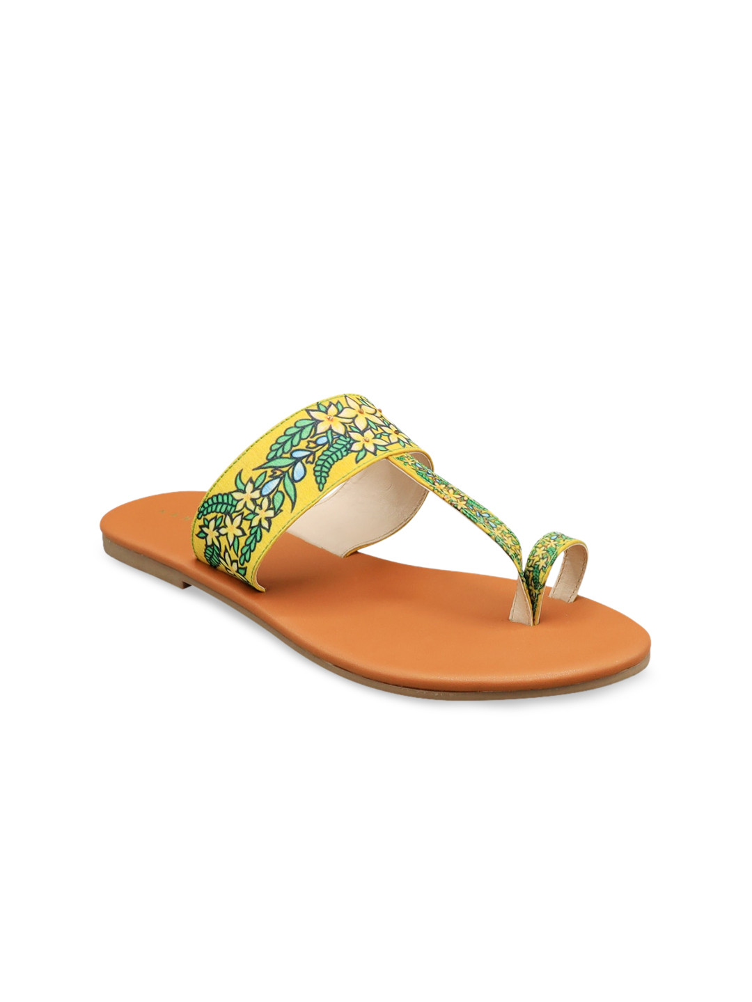 Kanvas Women Yellow Printed Fabric T-Strap Flats