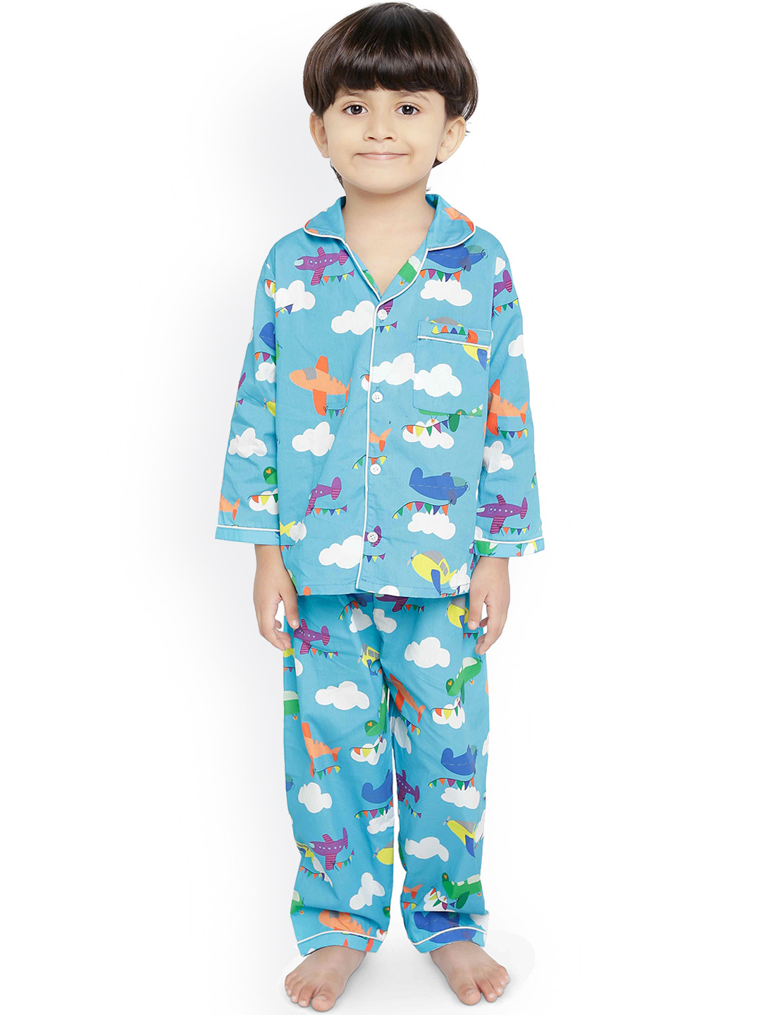 Knitting Doodles Kids Blue & White Printed Night Suit