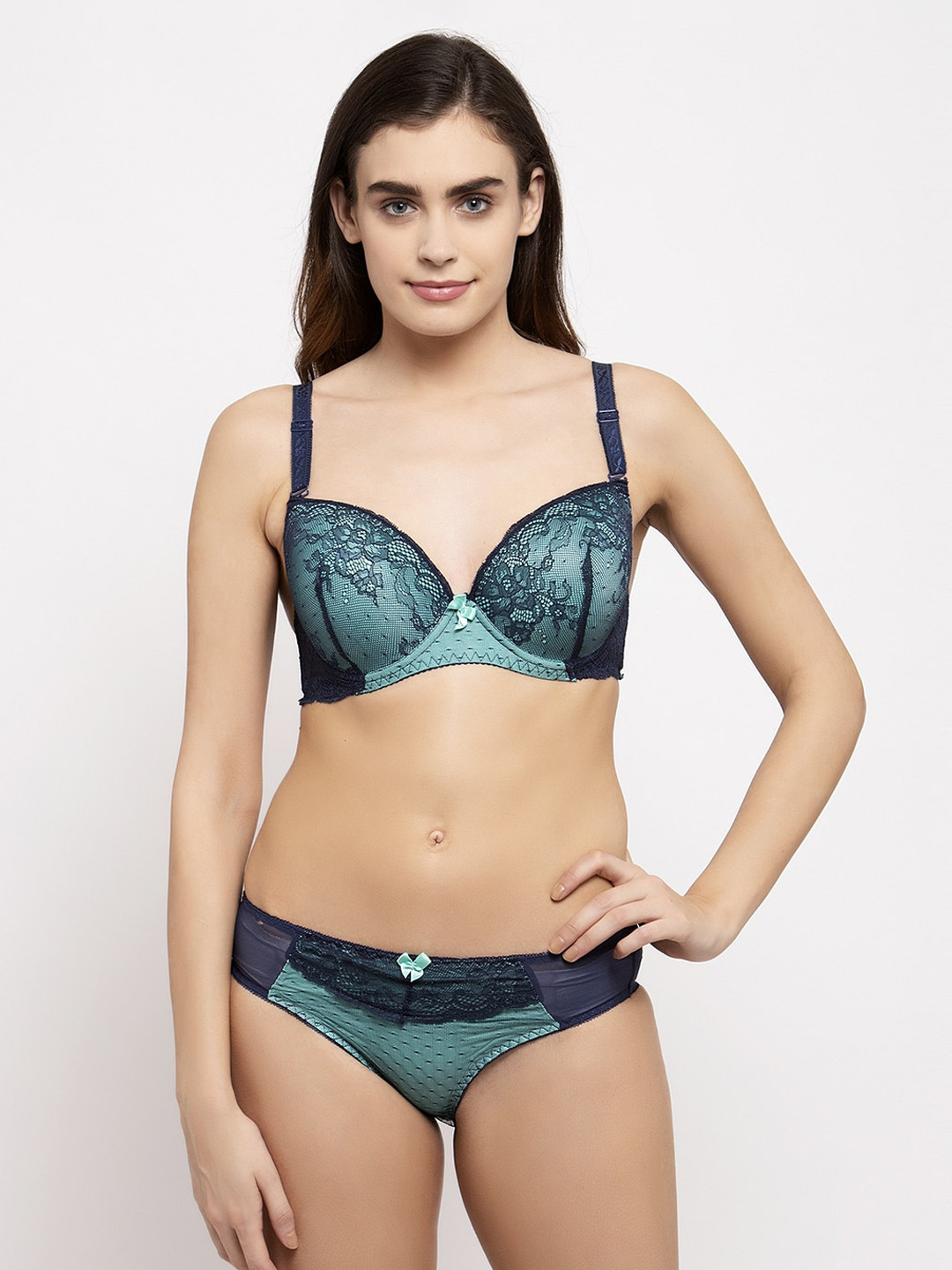 MAKCLAN Women Green & Navy-Blue Lace Lingerie Set K13020LE