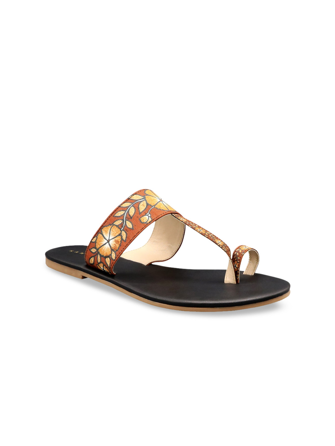 Kanvas Women Brown Printed Fabric T-Strap Flats