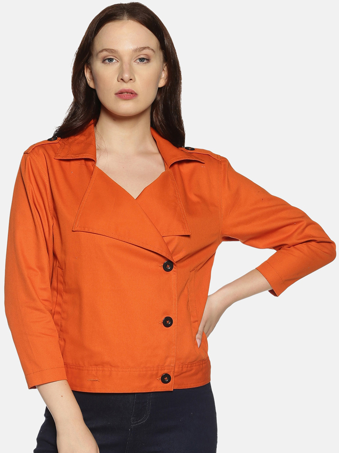 Campus Sutra Women Orange Solid Windcheater Tailored Jacket