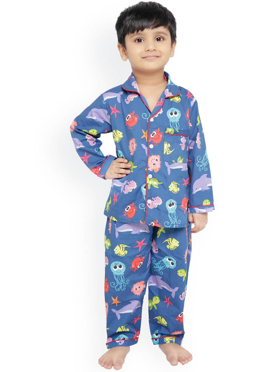 Knitting Doodles Kids Blue & Red Printed Night Suit