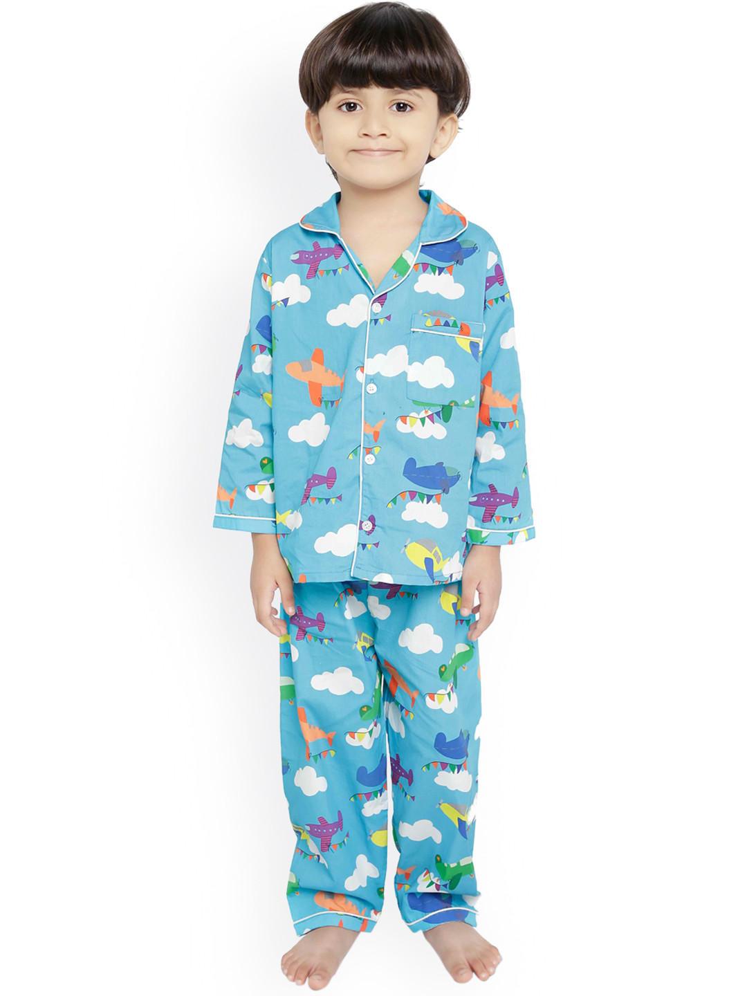Knitting Doodles Kids Blue & White Printed Night Suit