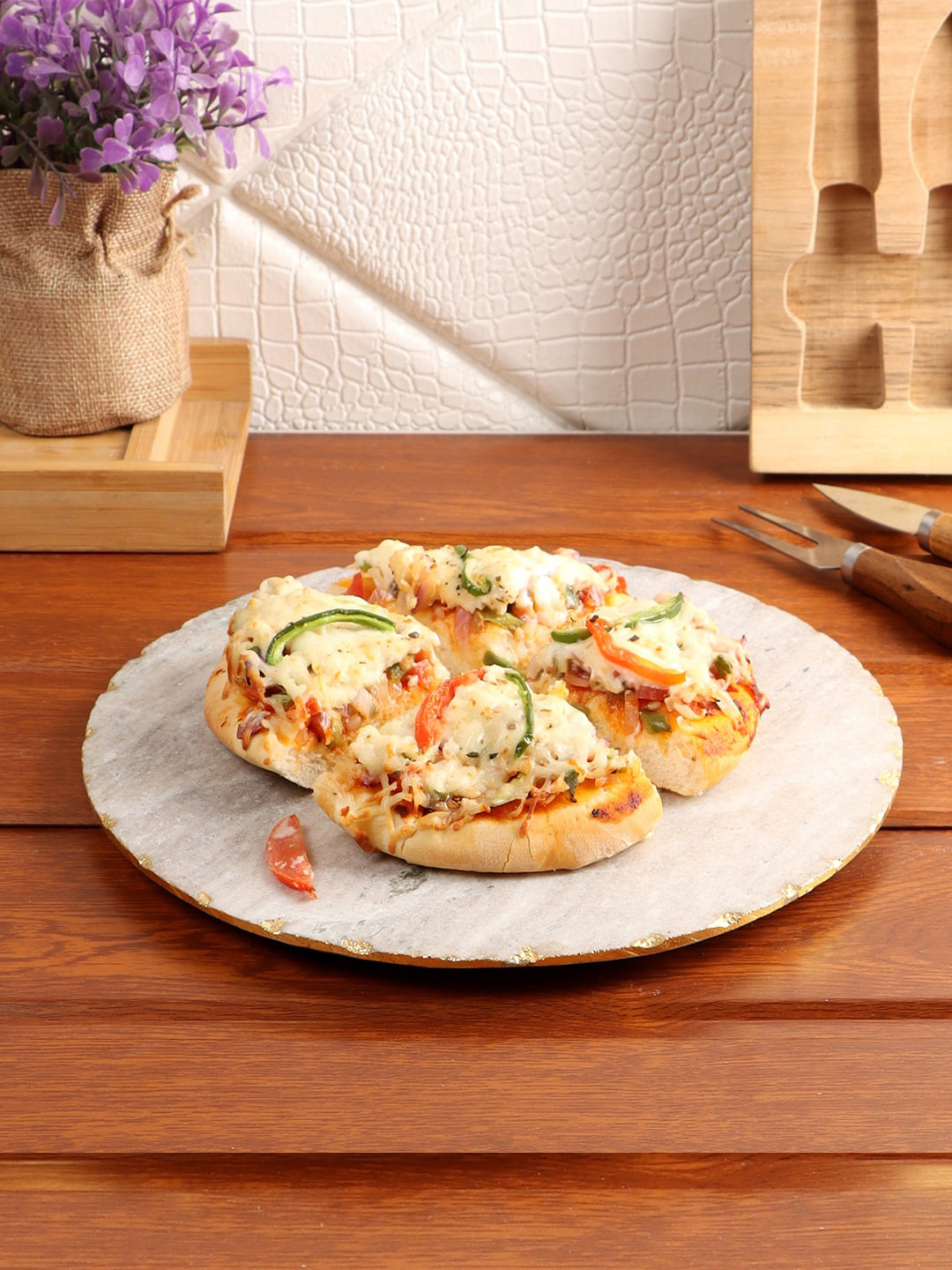 NikkisPride Beige White & Gold-Toned Sustainable Solid 1 Marble Pizza Platter