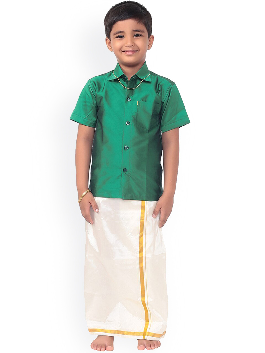 Thangamagan Boys Green & White Solid Shirt and Veshti