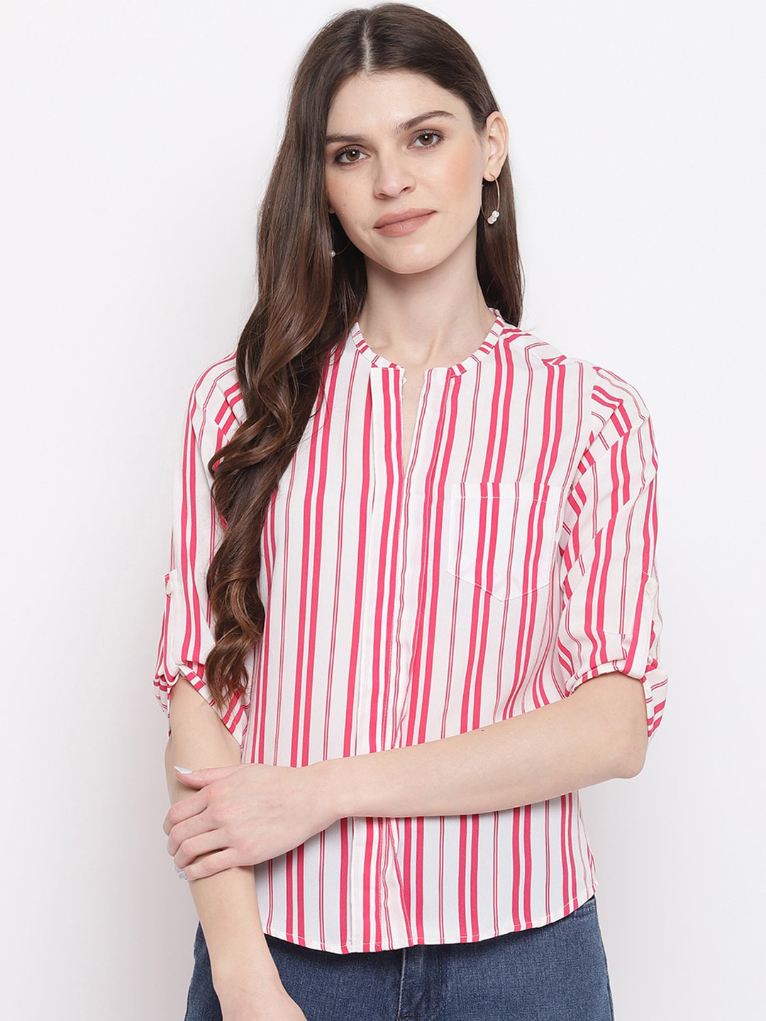 Mayra Women Pink & White Striped Shirt Style Top