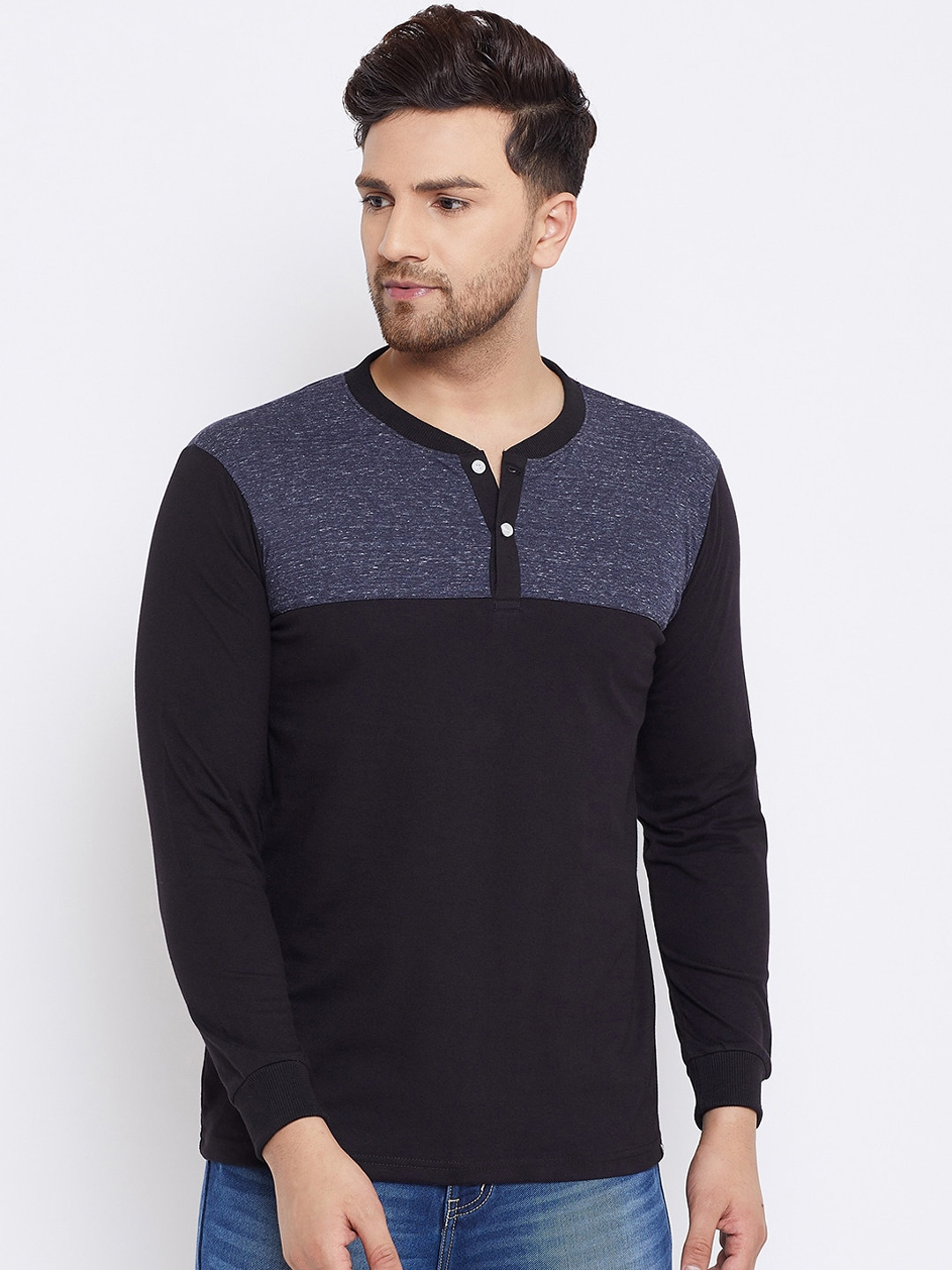Bishop Cotton Men Black Colourblocked Henley Neck T-shirt