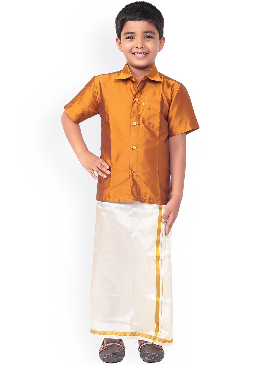 Thala-thalapathy Boys Mustard Yellow & Off-White Solid Shirt with Veshti & Towel With Gift Set