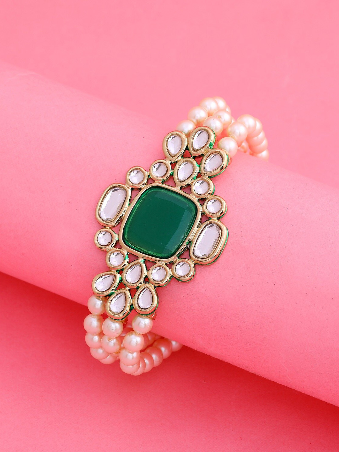 Estele Gold-Plated & White Kundan Studded Royal Emerald Pearl Bracelet