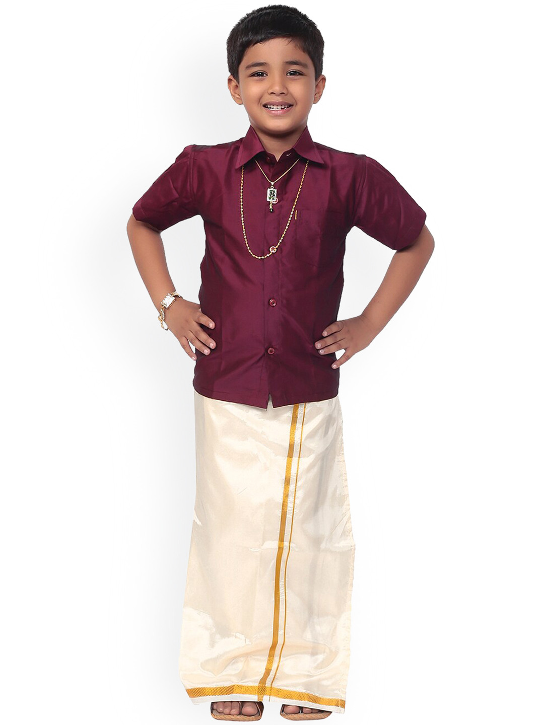 Thala-thalapathy Boys Maroon Solid Shirt and Veshti With Gift Set
