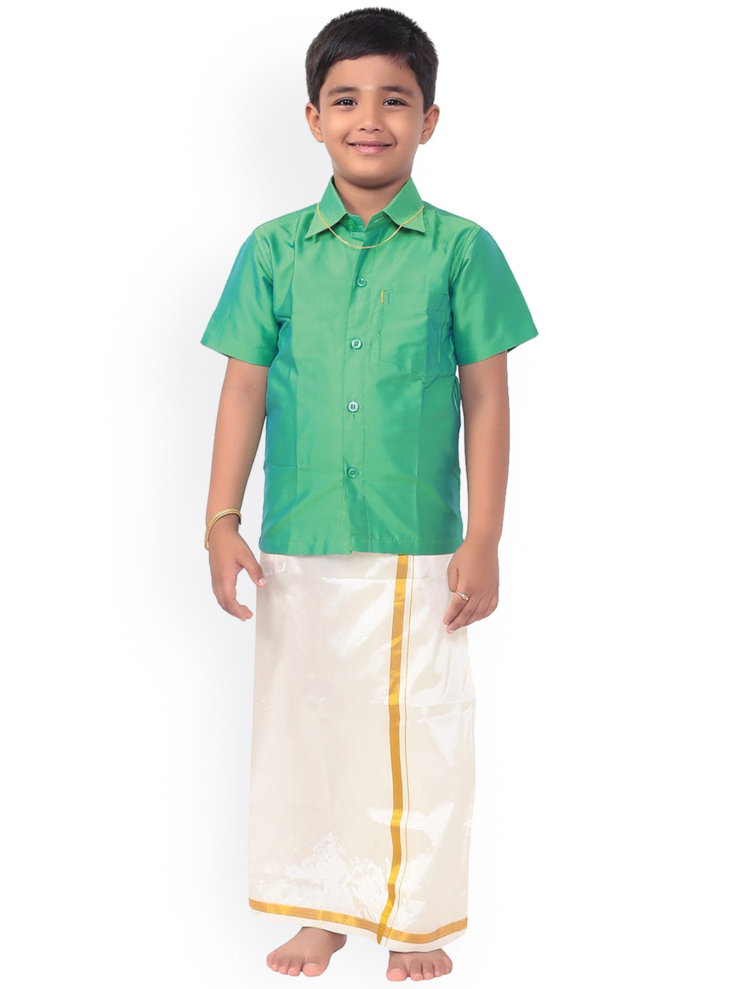 Thangamagan Boys Green & Cream-Coloured Shirt and Veshti