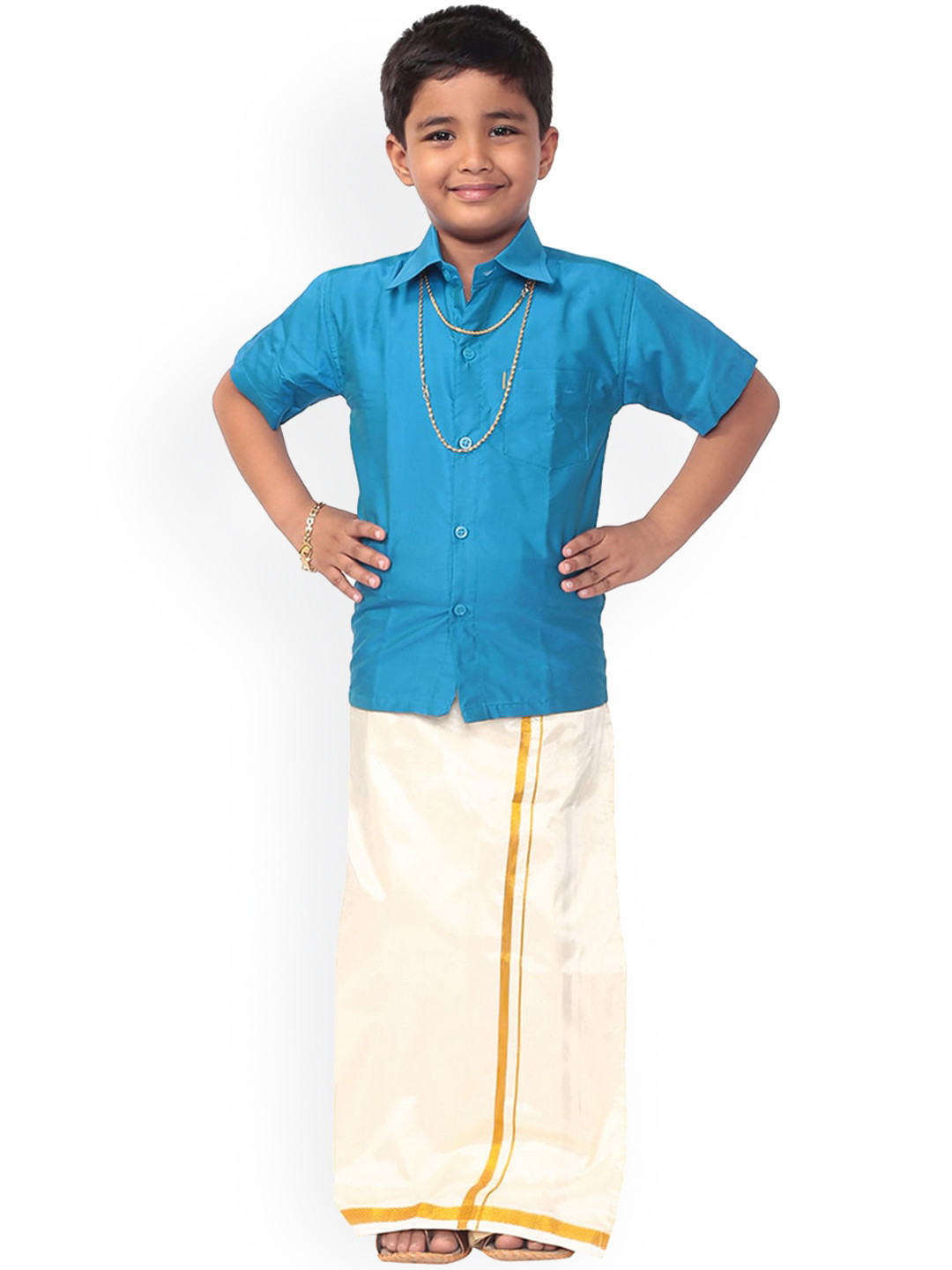 Thala-thalapathy Boys Blue & Off-White Solid Shirt with Veshti & Towel With Gift Set