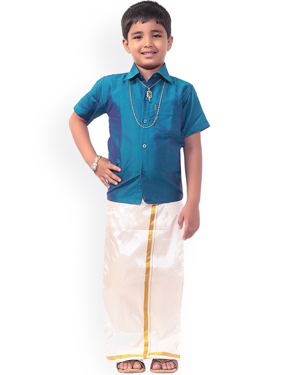 Thala-thalapathy Boys Coral Red & White Solid Shirt and Veshti With Gift Set