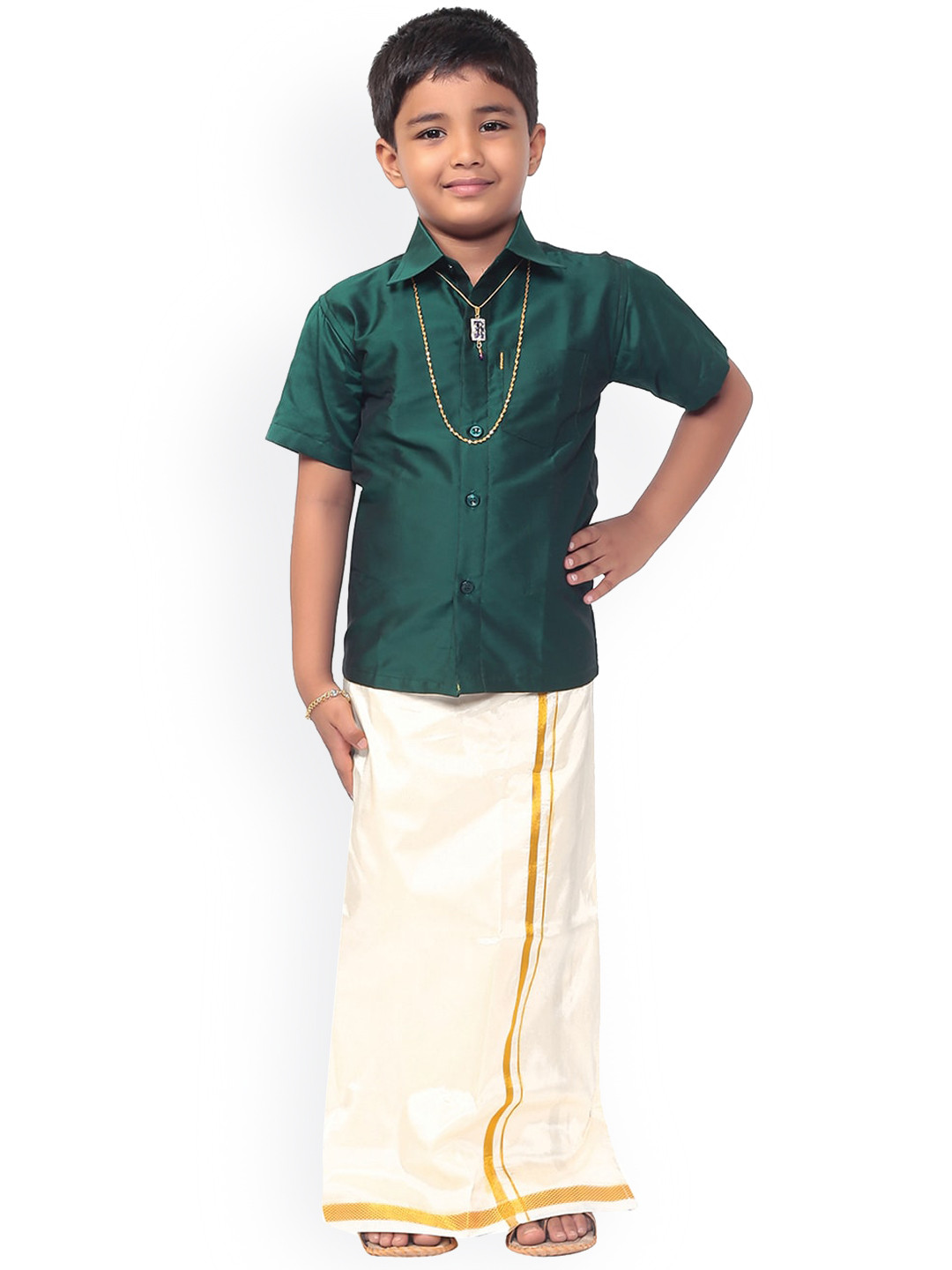 Thala-thalapathy Boys Green & Cream-Coloured Shirt and Veshti With A Gift Set