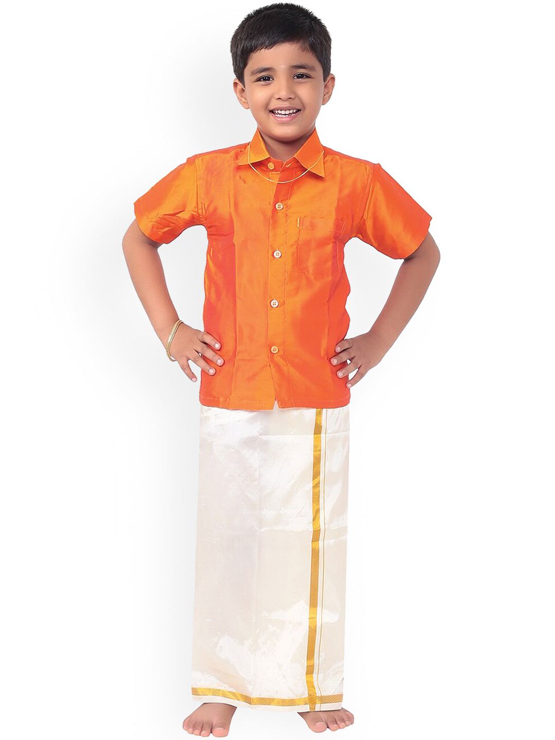 Thala-thalapathy Boys Orange & Off-White Solid Shirt with Veshti & Gift Set