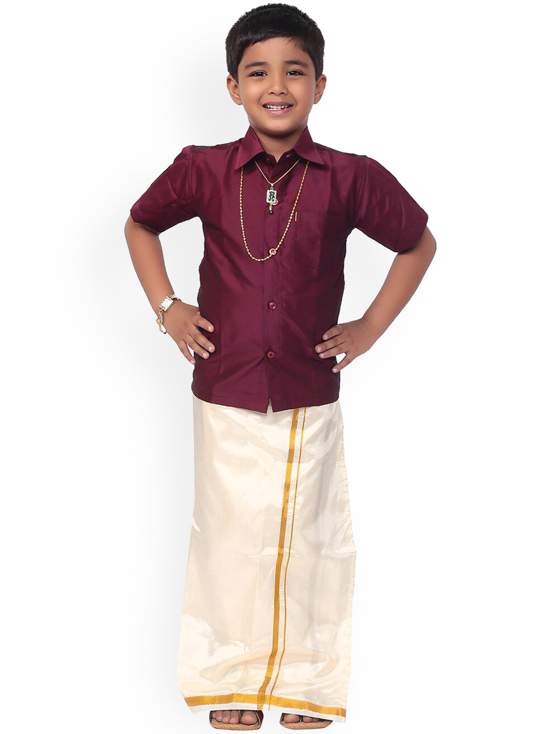 Thangamagan Boys Burgundy & White Solid Shirt and Veshti