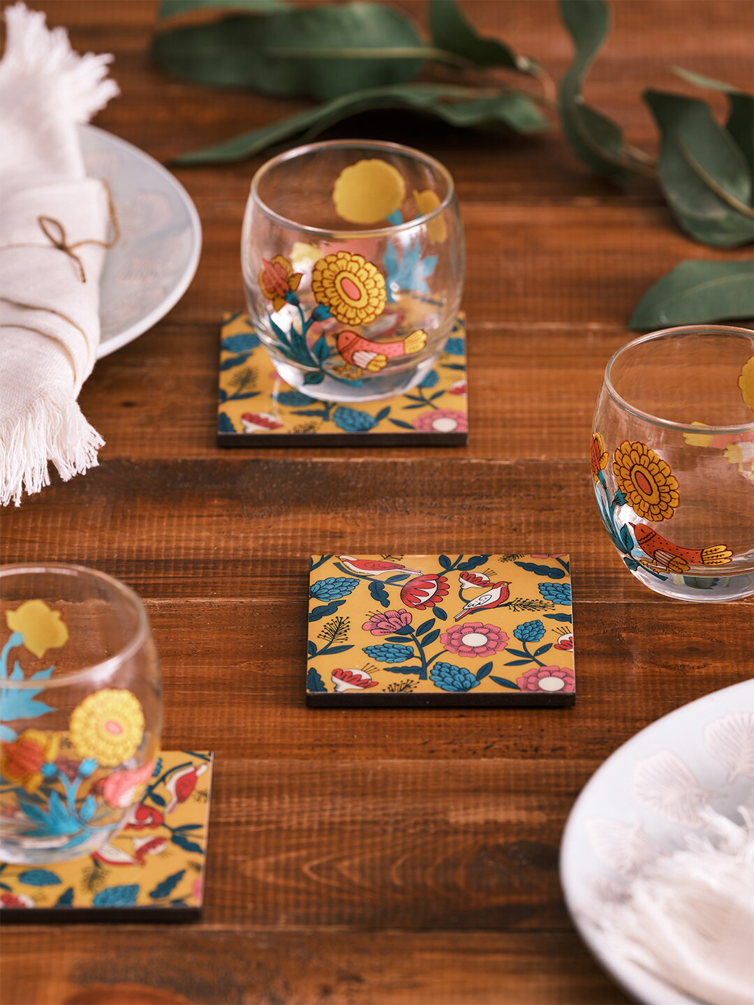 Chumbak Set of 6 Yellow & Pink Printed Coasters