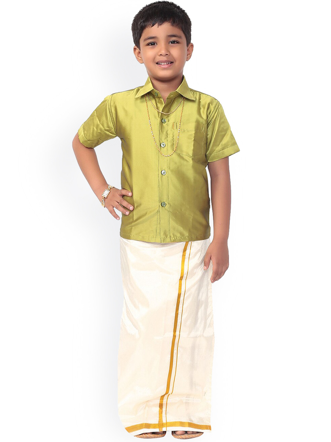 Thala-thalapathy Boys Green Solid Shirt with Veshti & Gift Set