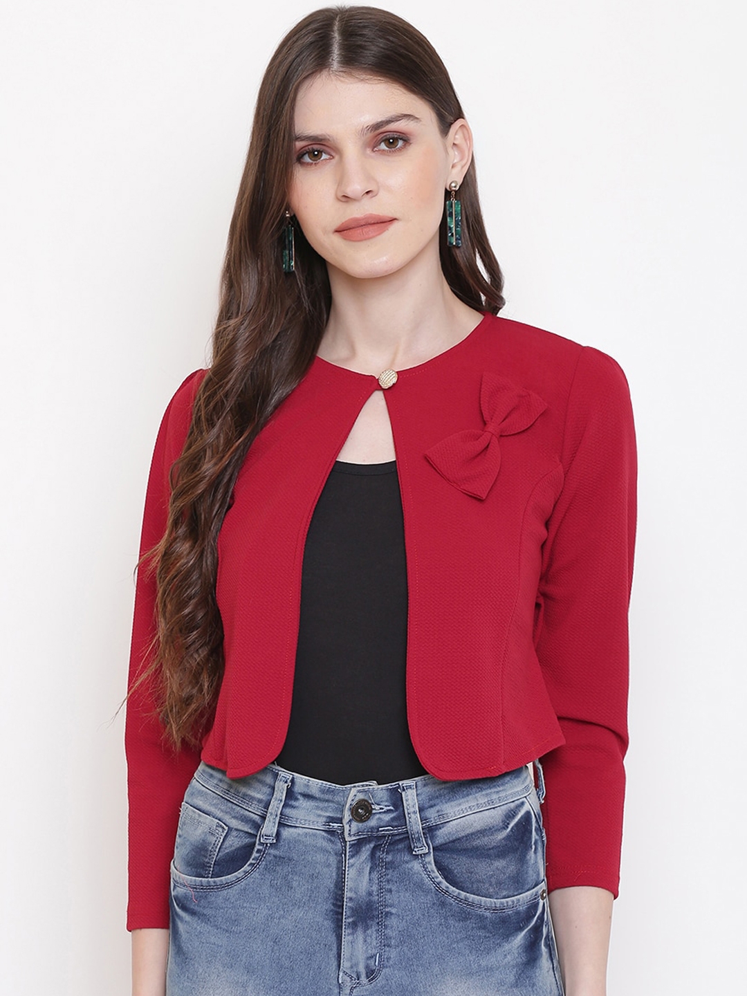 Mayra Women Red Solid Open Front Jacket