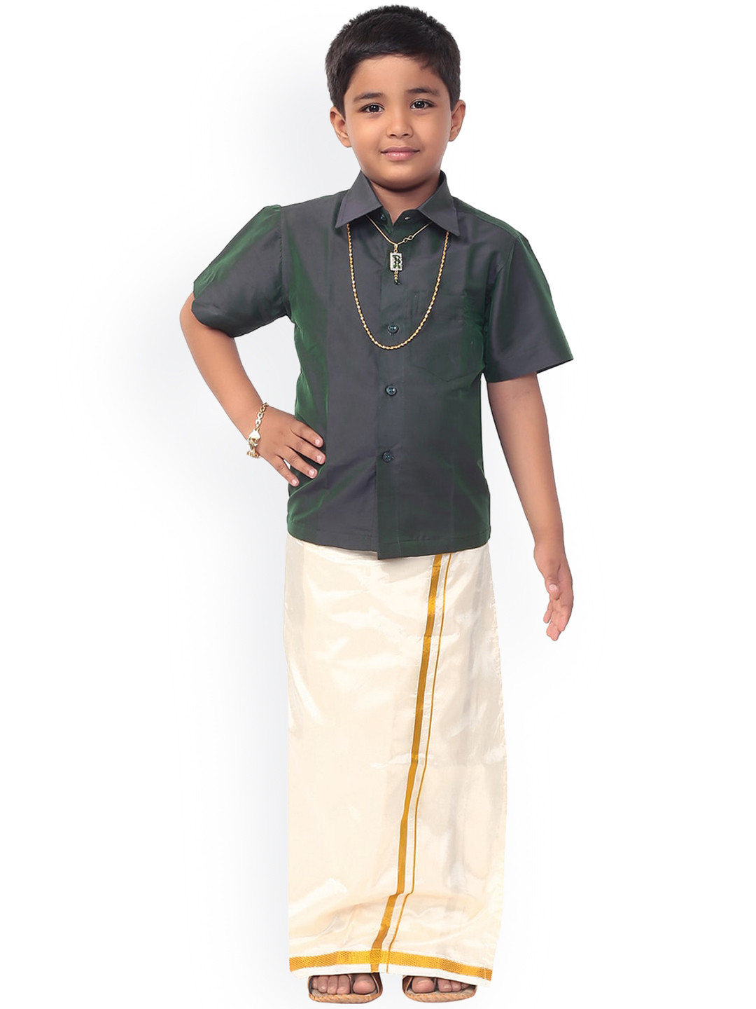Thala-thalapathy Boys Green & Off-White Solid Shirt with Veshti & Towel With Gift Set