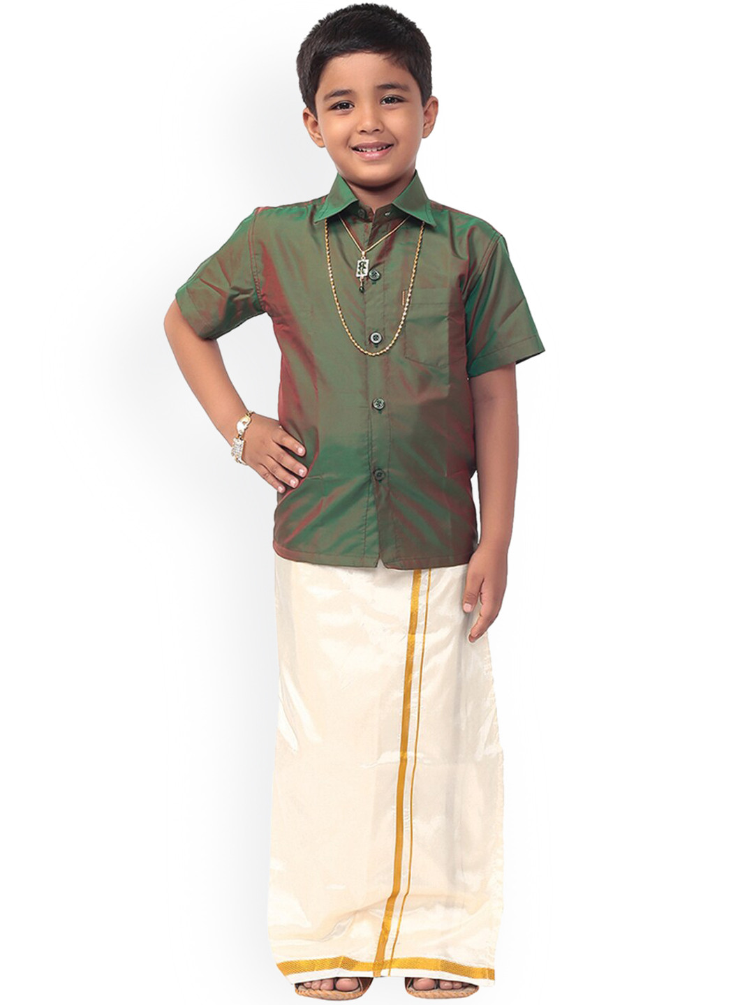Thangamagan Boys Olive Green & White Solid Shirt and Veshti