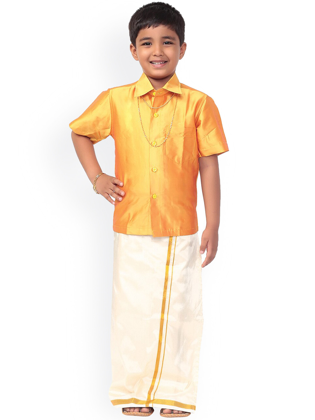 Thala-thalapathy Boys Yellow & Off-White Solid Shirt with Veshti & Towel With Gift Set