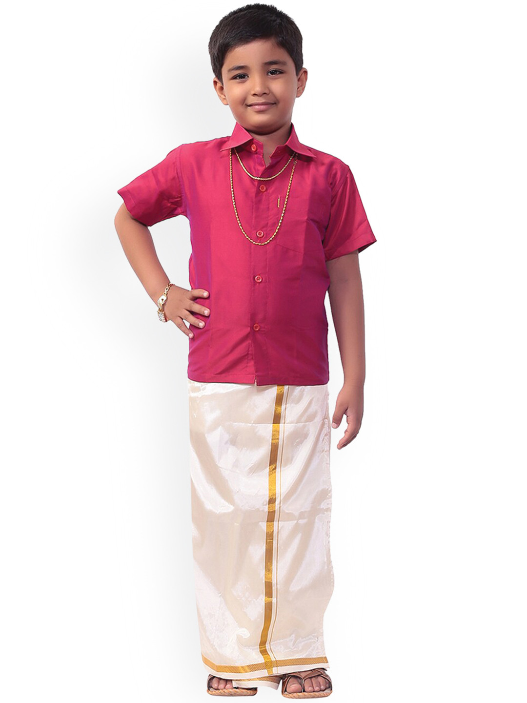 Thangamagan Boys Magenta Pink & White Solid Shirt and Veshti