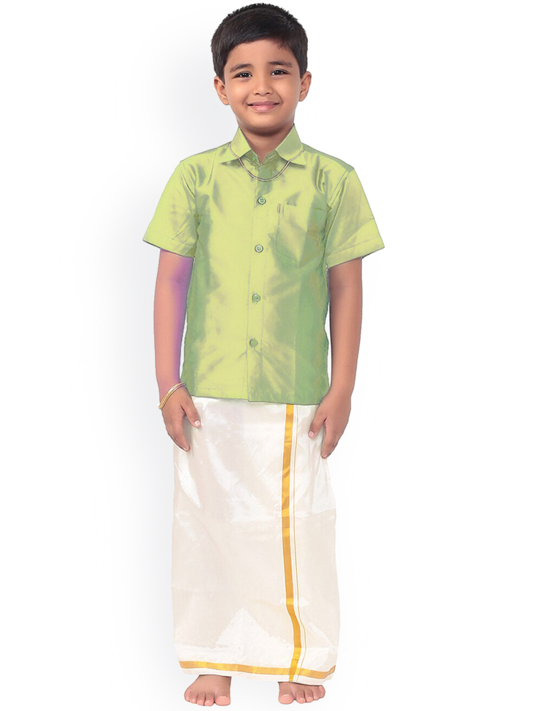 Thala-thalapathy Boys Lime-Green & Off-White Solid Shirt with Veshti & Towel With Gift Set