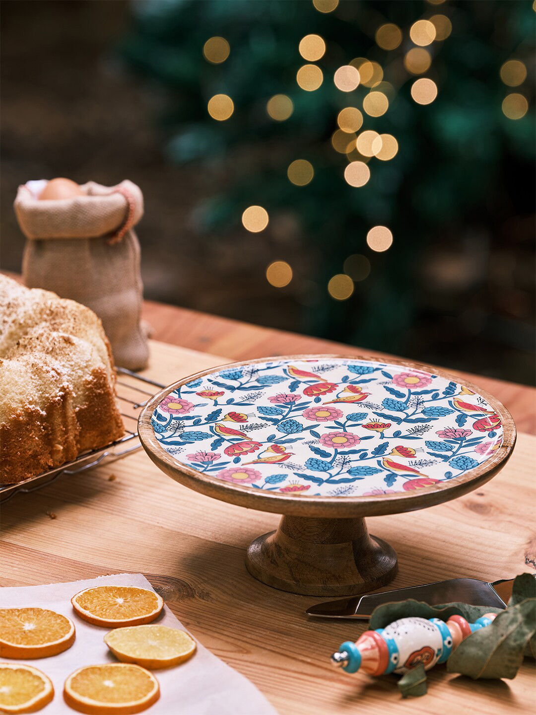 Chumbak White & Blue Floral Printed Wooden Cake Stand