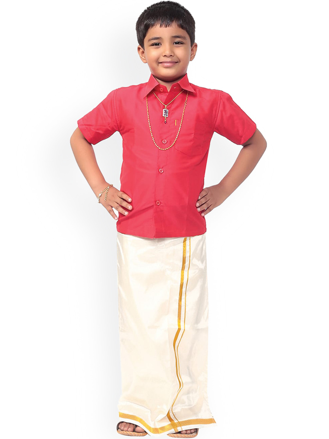 Thala-thalapathy Boys Red & Off-White Solid Shirt with Veshti & Towel With Gift Set